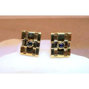VTG 14Kt Yellow Gold Basket Weave Sapphire Cufflinks Tuxedo Wedding Gift